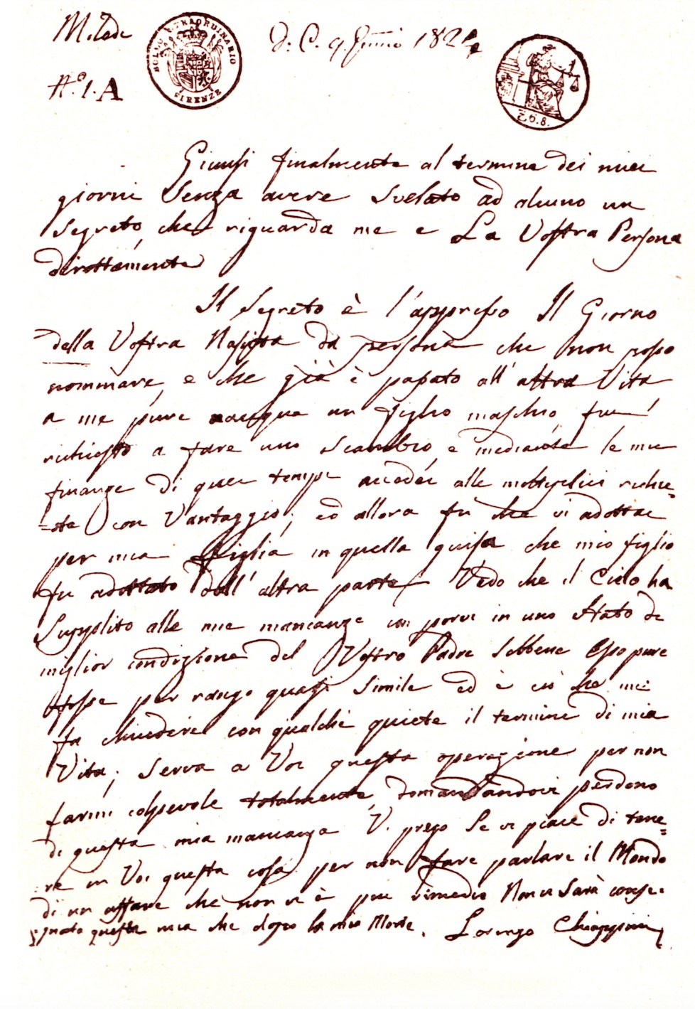 Lettera postuma di Lorenzo Chiappini alla figlia (presso Archivio Notarile di Firenze;
fonte: R. Zanelli, op.cit., p. 50)